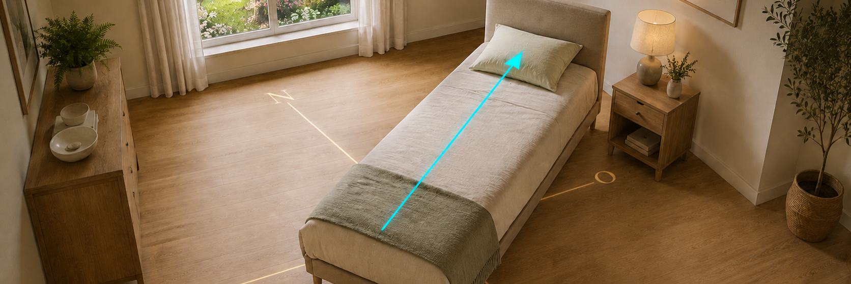 Einzelbett steht diagonal im Raum