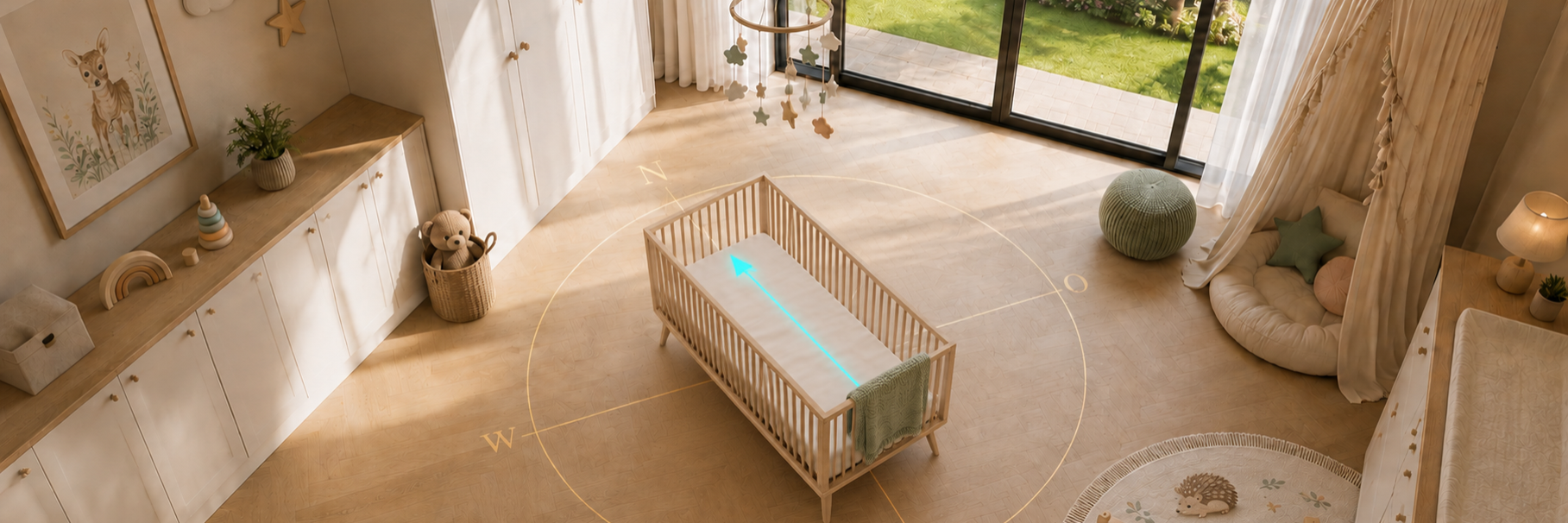Babybett steht diagonal im Raum
